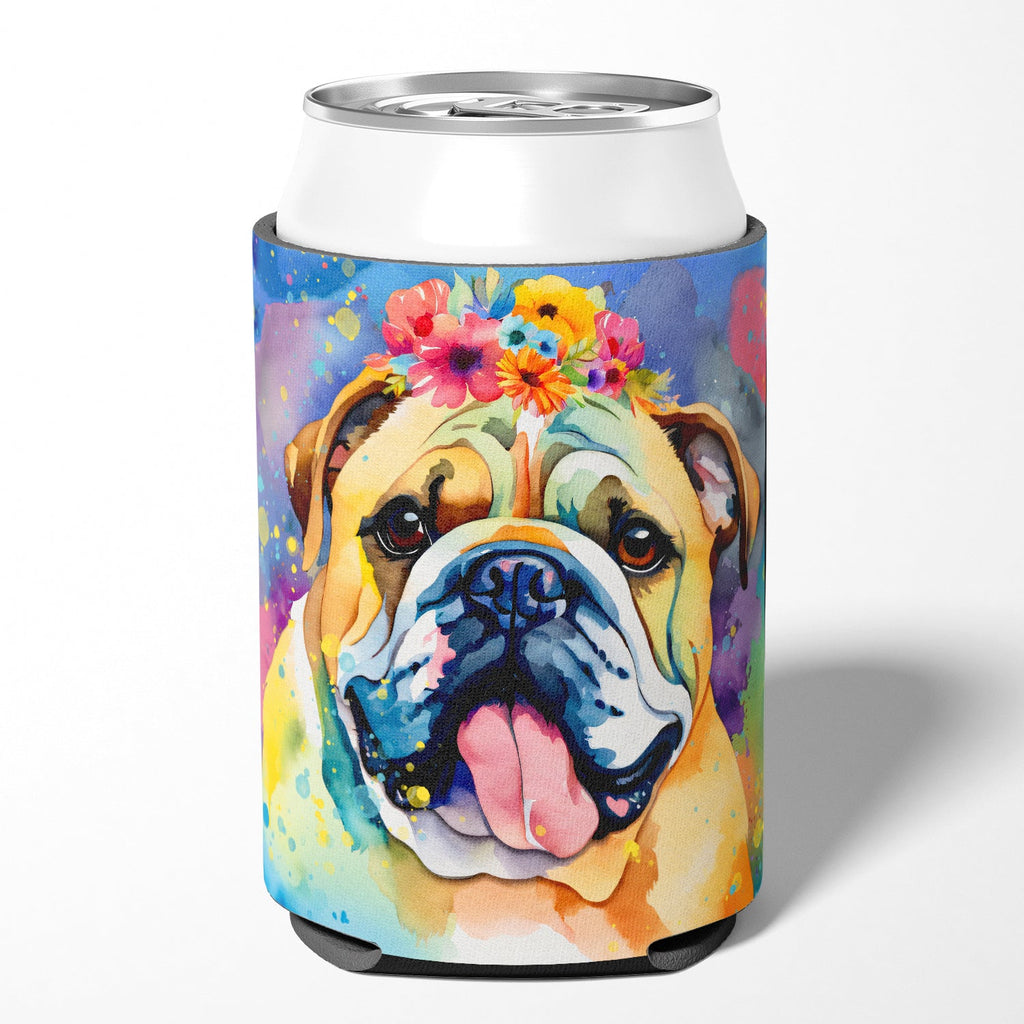 English Bulldog Hippie Dawg Can or Bottle Hugger Cooler Sleeve for Standard 12 oz Cans, Insulated Foam Beer & Soda Can Hugger Reusable