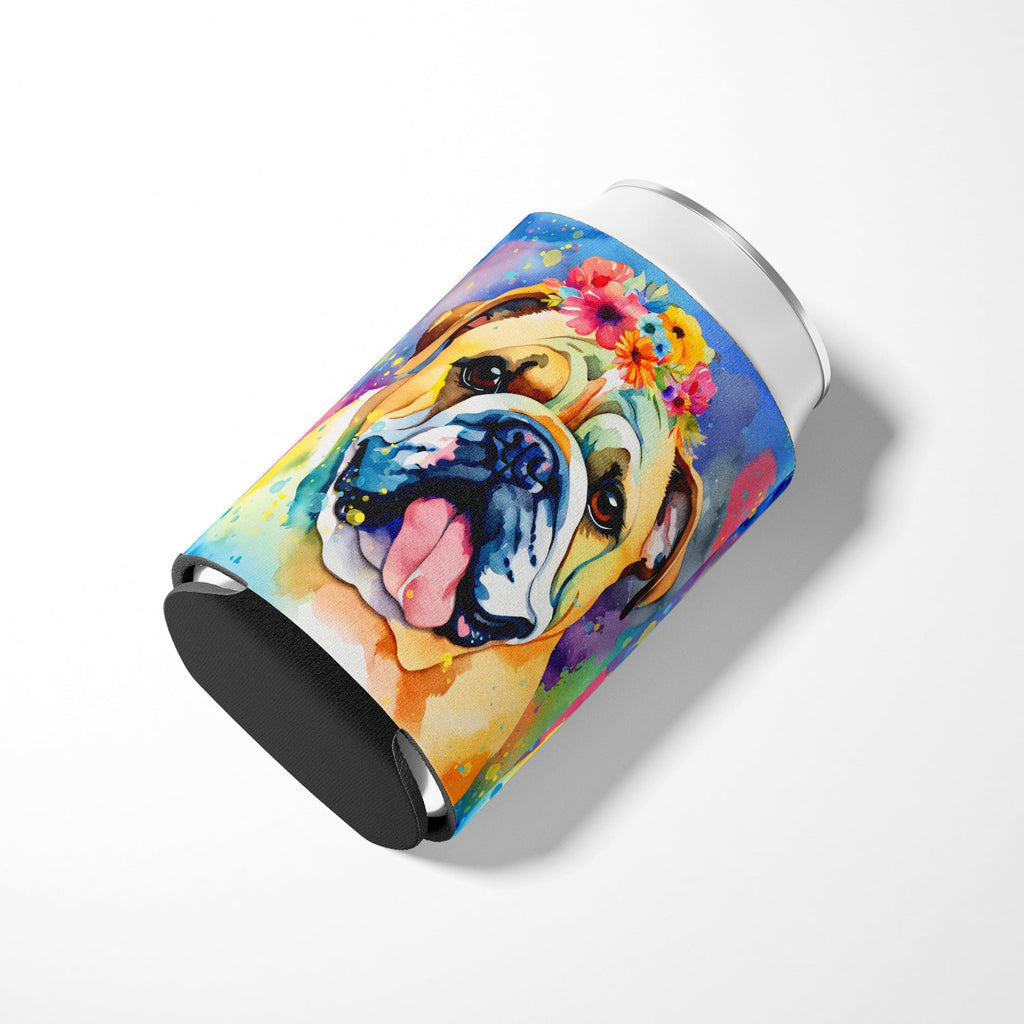 English Bulldog Hippie Dawg Can or Bottle Hugger Cooler Sleeve for Standard 12 oz Cans, Insulated Foam Beer & Soda Can Hugger Reusable