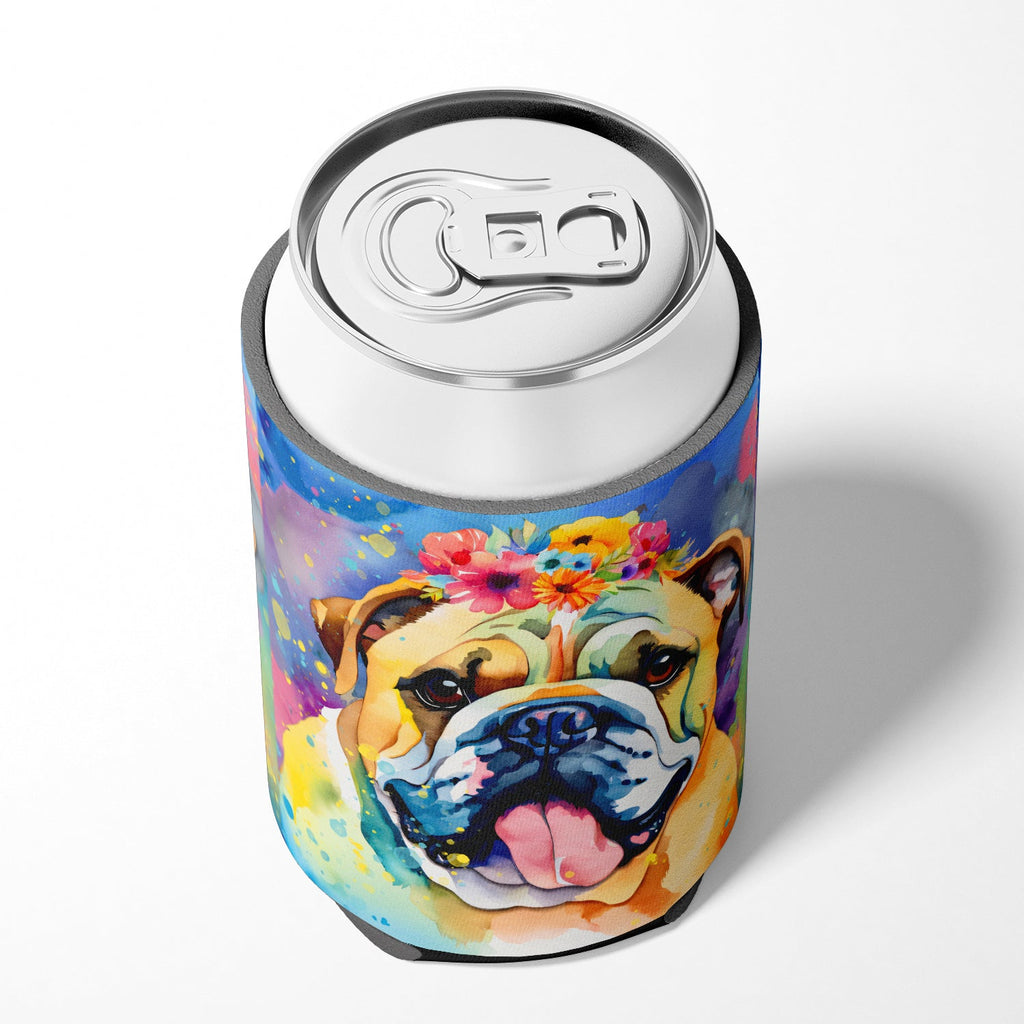 English Bulldog Hippie Dawg Can or Bottle Hugger Cooler Sleeve for Standard 12 oz Cans, Insulated Foam Beer & Soda Can Hugger Reusable