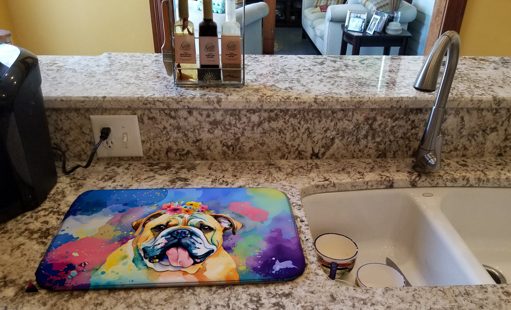 English Bulldog Hippie Dawg Dish Drying Mat Absorbent Dish Drying Mat Pad for Kitchen Counter Dish Drainer Mat for Countertop, 14 x 21", Multicolor