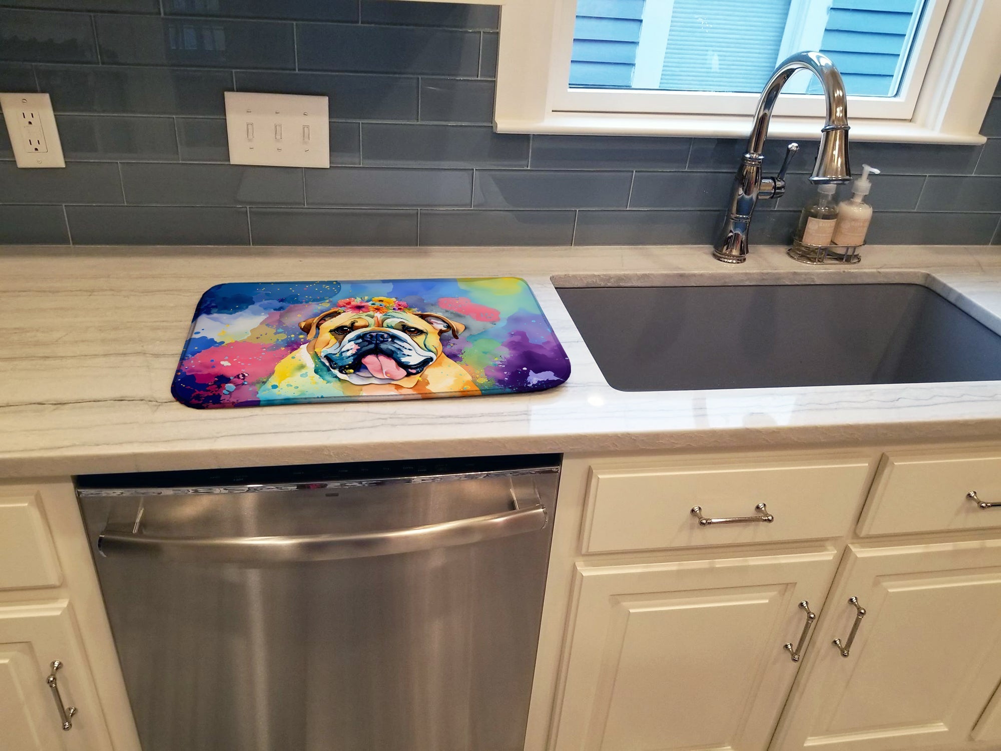 English Bulldog Hippie Dawg Dish Drying Mat Absorbent Dish Drying Mat Pad for Kitchen Counter Dish Drainer Mat for Countertop, 14 x 21", Multicolor