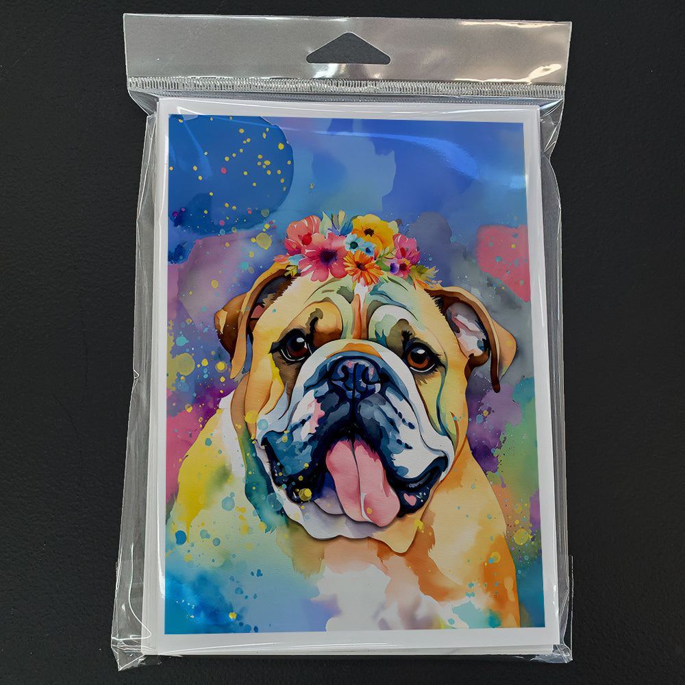 English Bulldog Hippie Dawg Greeting Cards Pack of 8 Blank Cards with Envelopes Whimsical A7 Size 5x7