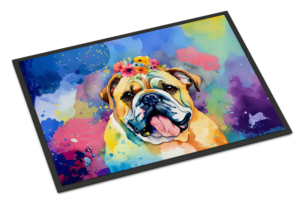 English Bulldog Hippie Dawg Doormat Indoor Outdoor 24H X 36W Front Door Mat Rugs for Entryway, Non Slip Washable Low Pile,