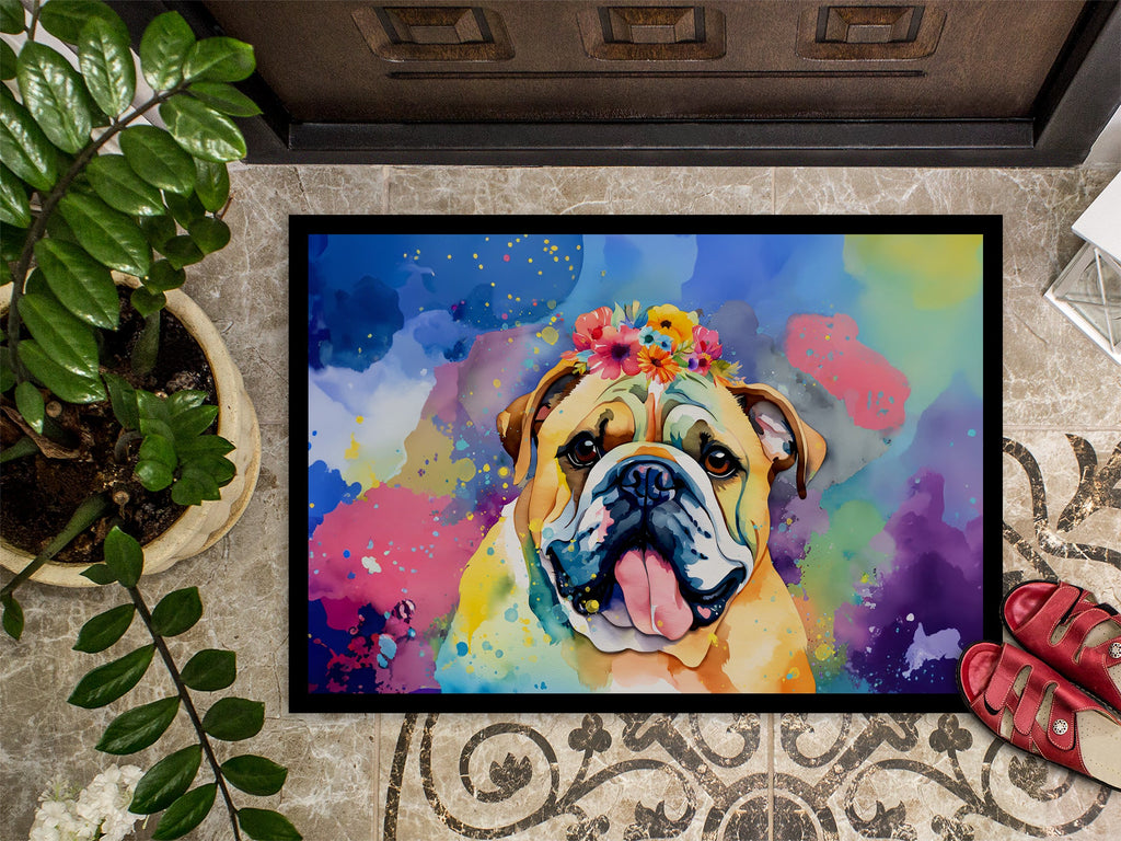English Bulldog Hippie Dawg Doormat Indoor Outdoor 24H X 36W Front Door Mat Rugs for Entryway, Non Slip Washable Low Pile,