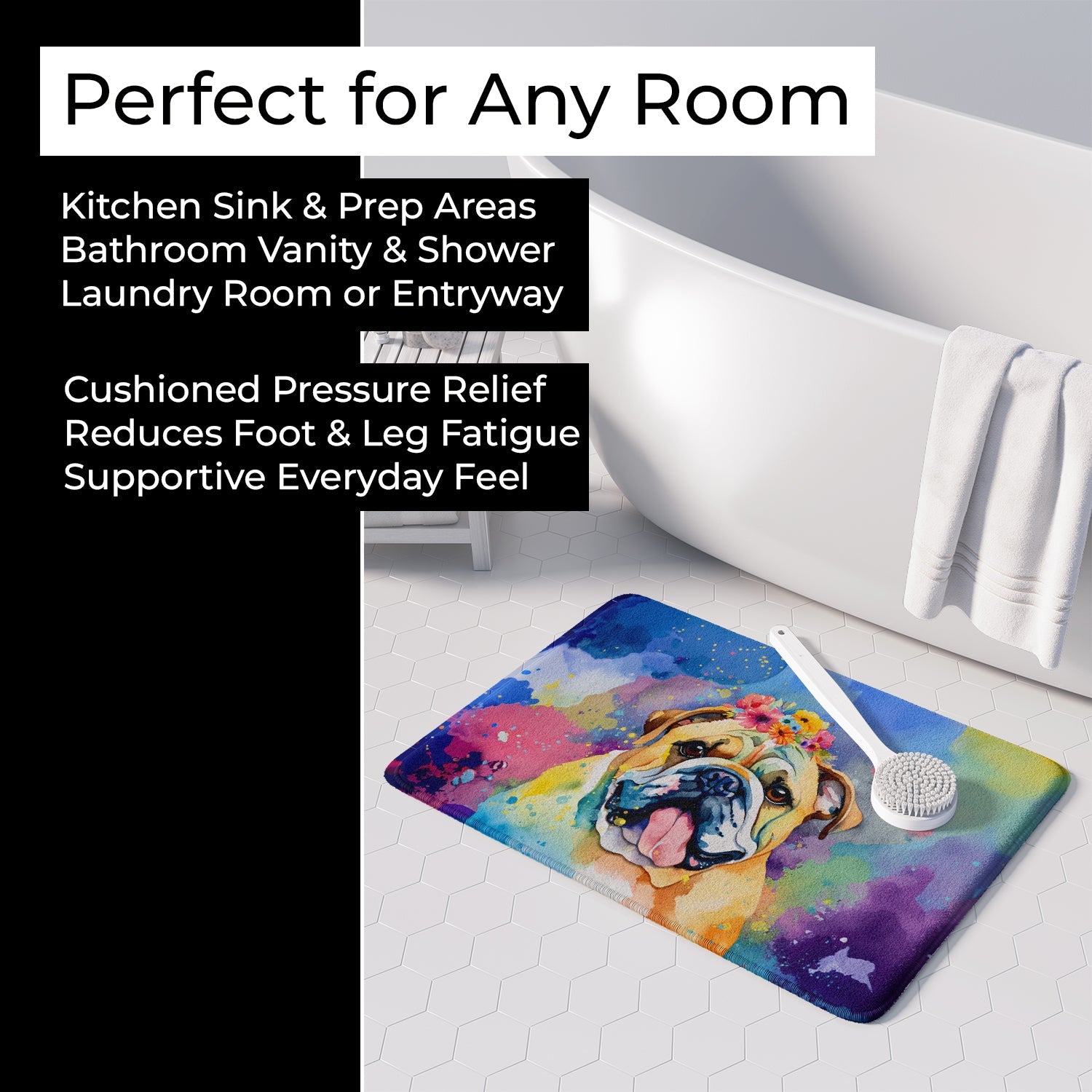 English Bulldog Hippie Dawg Memory Foam Kitchen Mat Machine Washable Anti-Fatigue Cushion Comfort Bath or Kitchen Rug