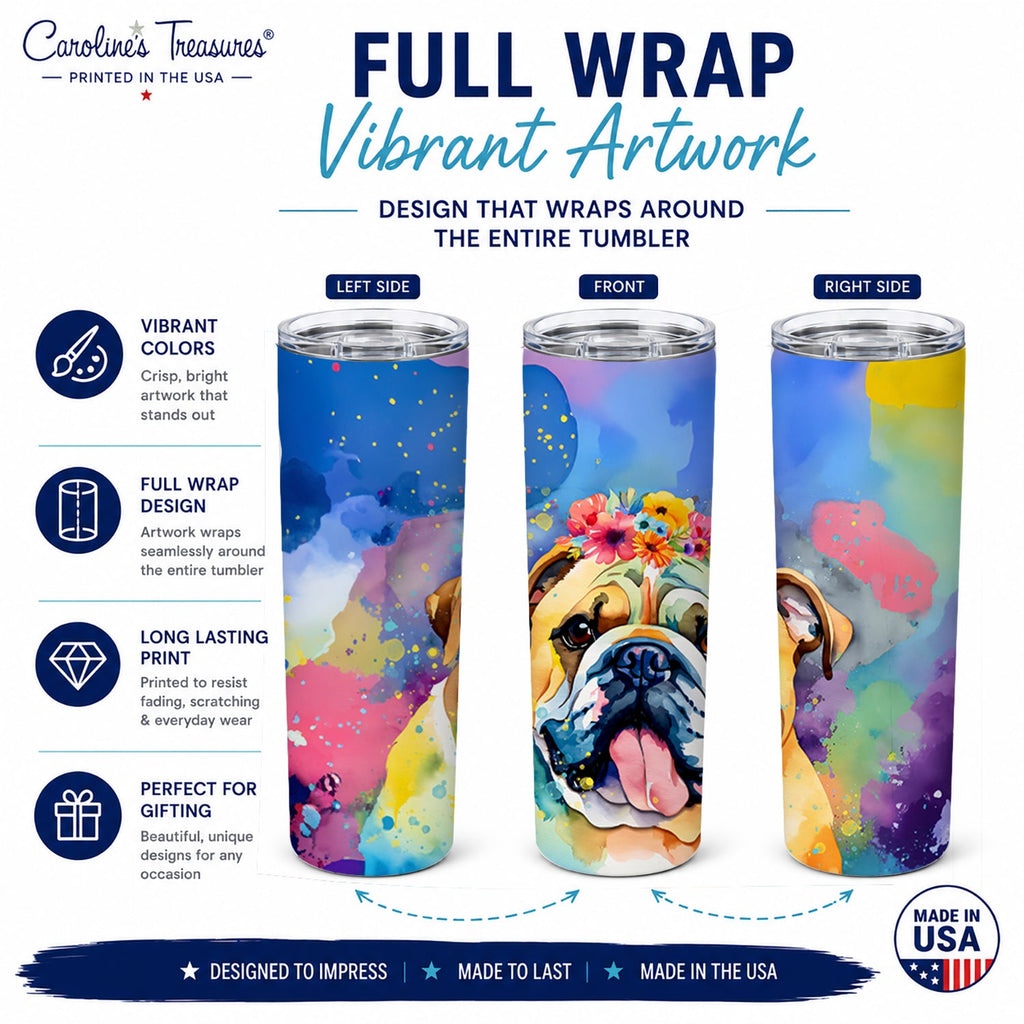 English Bulldog 20 oz Skinny Tumbler with Lid and Straw