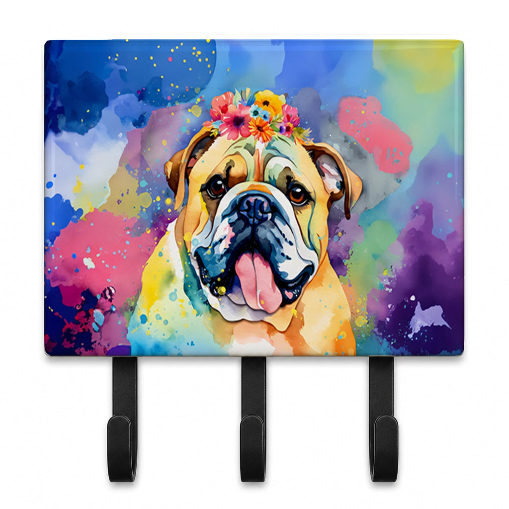English Bulldog Hippie Dawg Leash or Key Holder Wall Hooks, Coat Rack Wall Mount, for Hanging Keys, Towels, Aprons, Leashes