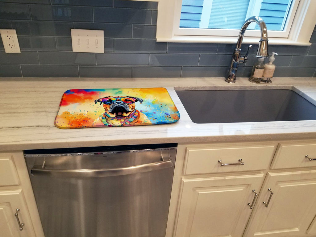Bullmastiff Hippie Dawg Dish Drying Mat Absorbent Dish Drying Mat Pad for Kitchen Counter Dish Drainer Mat for Countertop, 14 x 21", Multicolor