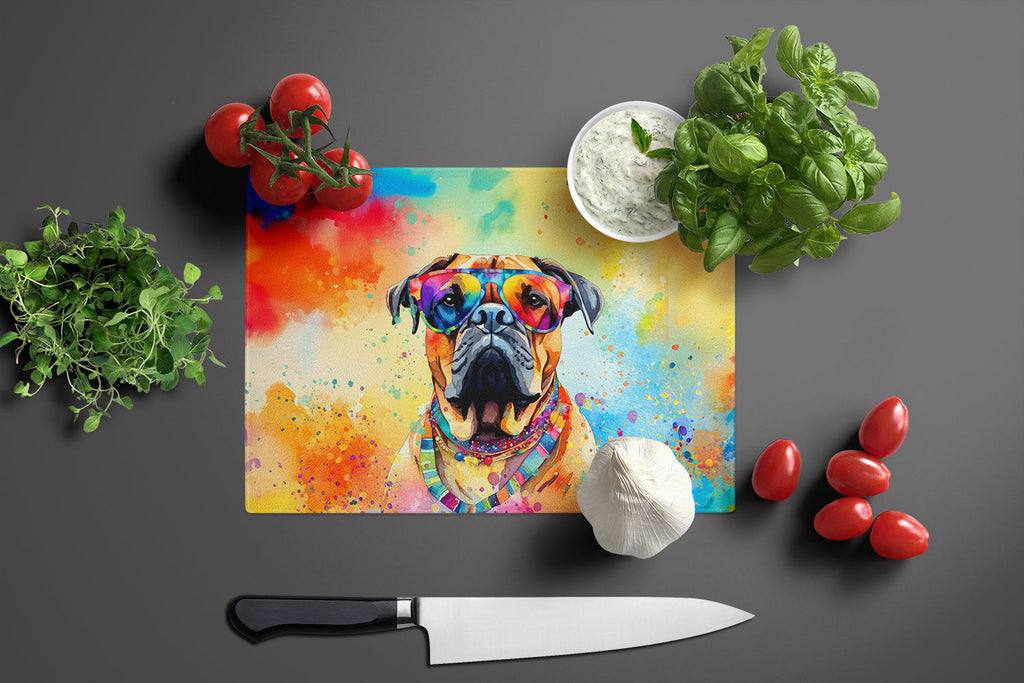 Bullmastiff Hippie Dawg Cutting Board Tempered Glass Kitchen Cutting Surface, Heat Resistant Chopping, Non-Slip Feet, Food Prep & Serving