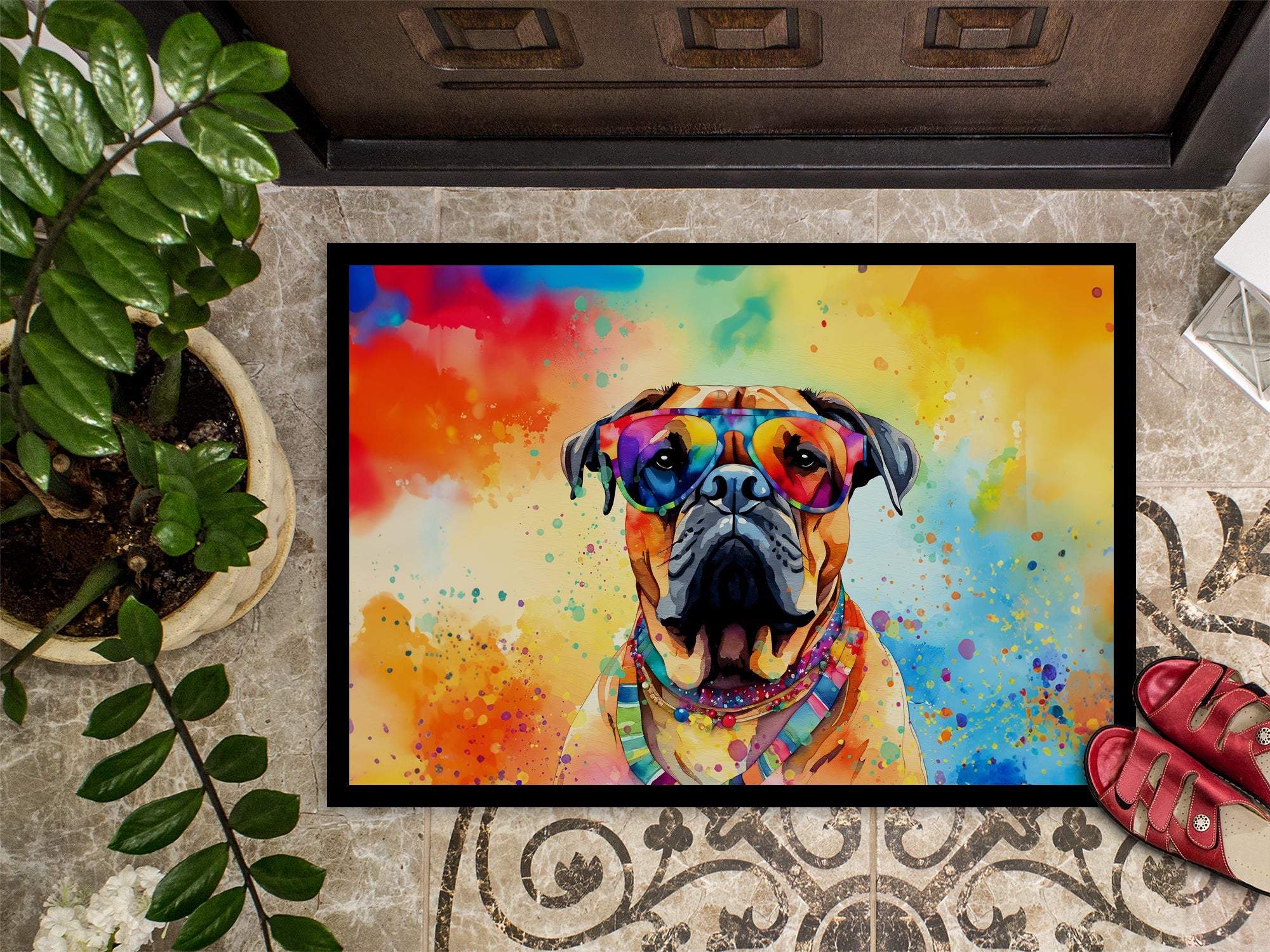 Bullmastiff Hippie Dawg Doormat Indoor Outdoor 18H X 27W Front Door Mat Rugs for Entryway, Non Slip Washable