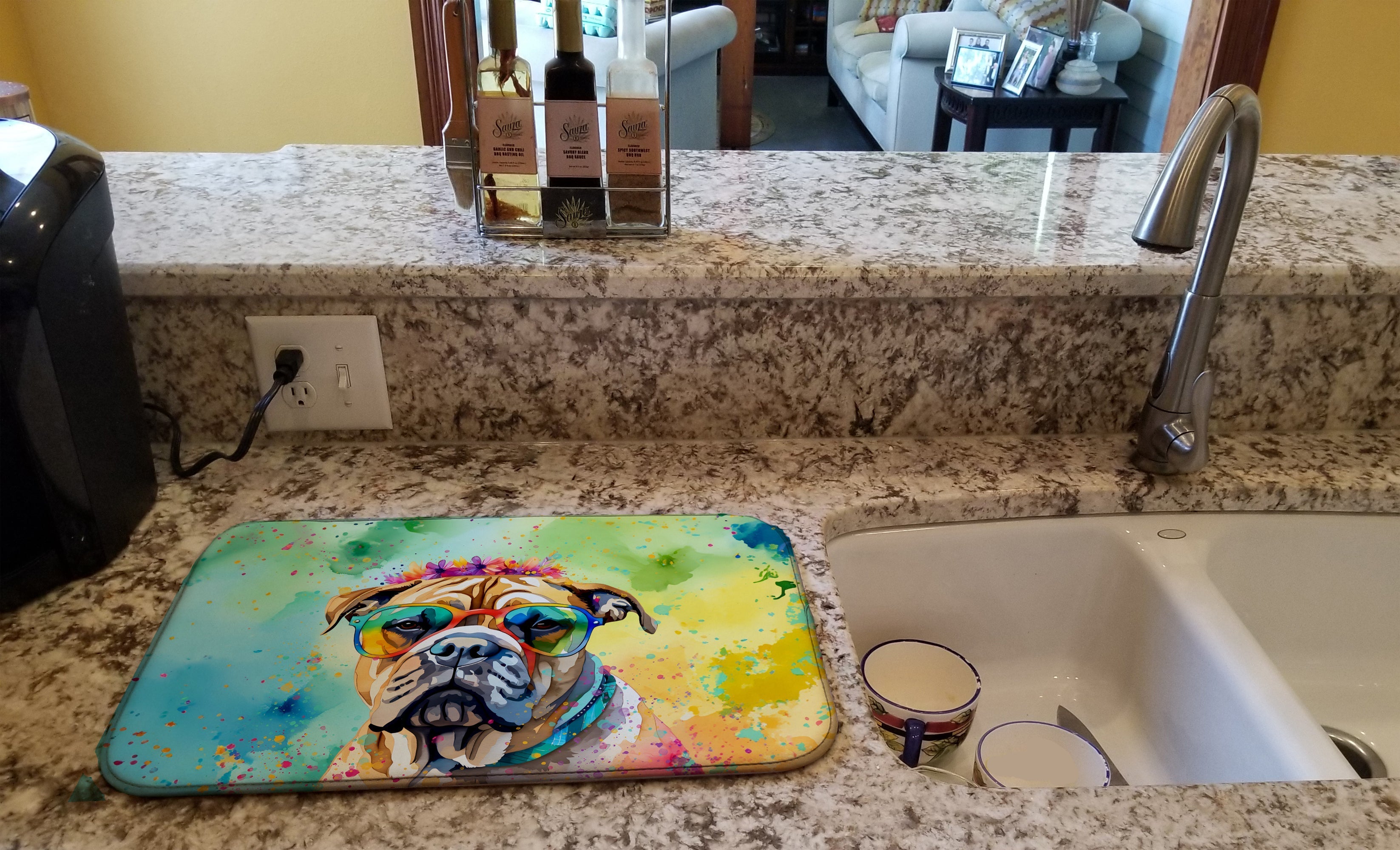 Bullmastiff Hippie Dawg Dish Drying Mat Absorbent Dish Drying Mat Pad for Kitchen Counter Dish Drainer Mat for Countertop, 14 x 21", Multicolor