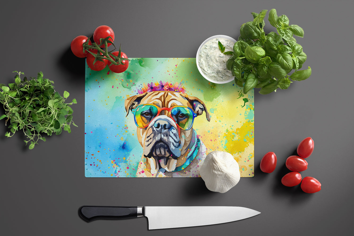 Bullmastiff Hippie Dawg Cutting Board Tempered Glass Kitchen Cutting Surface, Heat Resistant Chopping, Non-Slip Feet, Food Prep & Serving