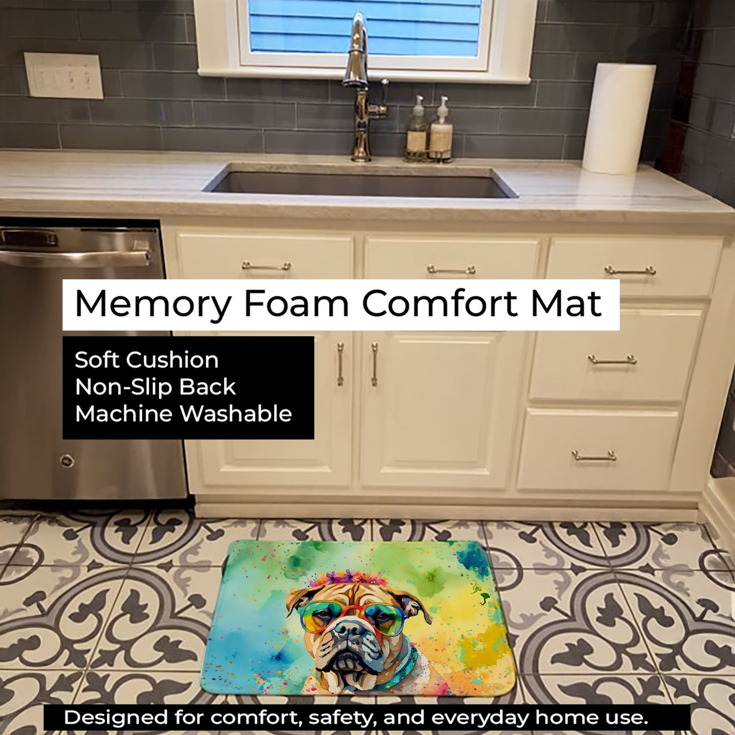 Bullmastiff Hippie Dawg Memory Foam Kitchen Mat Machine Washable Anti-Fatigue Cushion Comfort Bath or Kitchen Rug