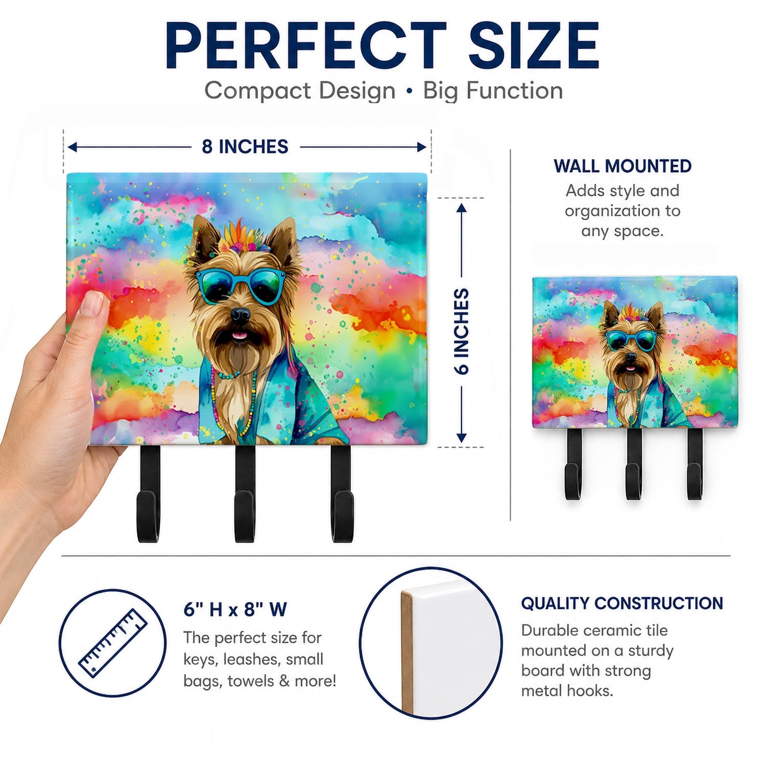Cairn Terrier Hippie Dawg Leash or Key Holder Wall Hooks, Coat Rack Wall Mount, for Hanging Keys, Towels, Aprons, Leashes
