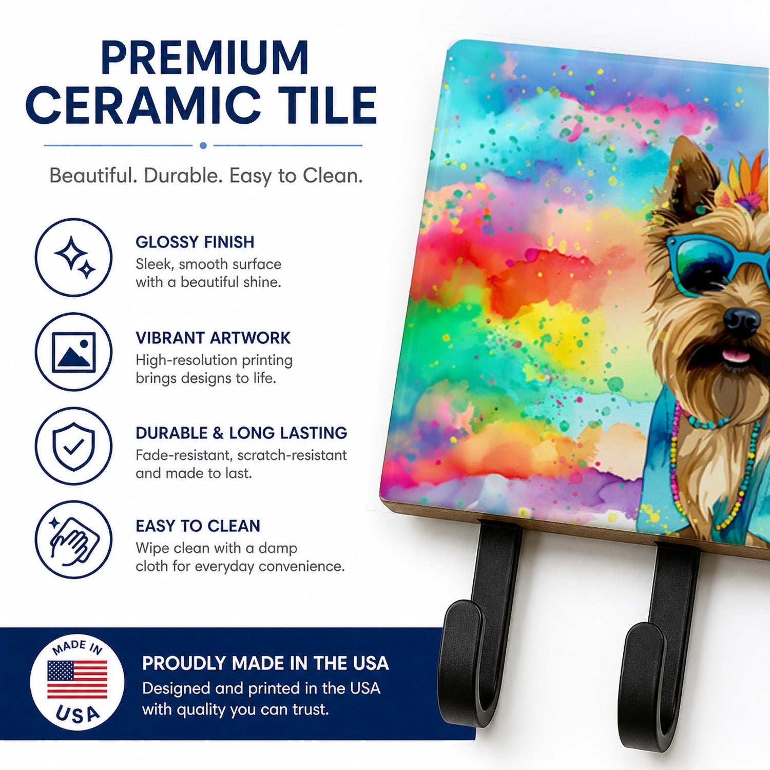 Cairn Terrier Hippie Dawg Leash or Key Holder Wall Hooks, Coat Rack Wall Mount, for Hanging Keys, Towels, Aprons, Leashes