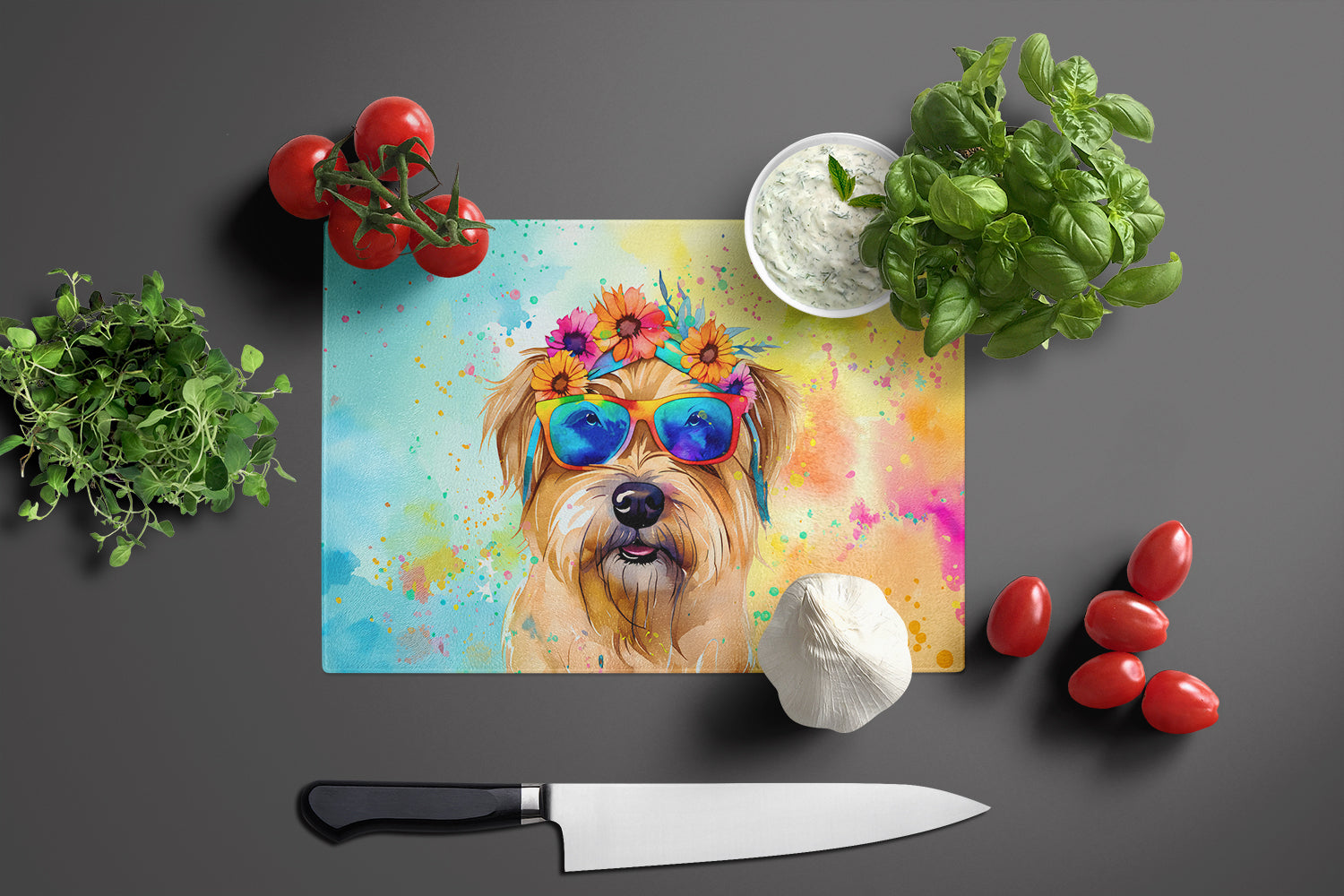 Cairn Terrier Hippie Dawg Cutting Board Tempered Glass Kitchen Cutting Surface, Heat Resistant Chopping, Non-Slip Feet, Food Prep & Serving