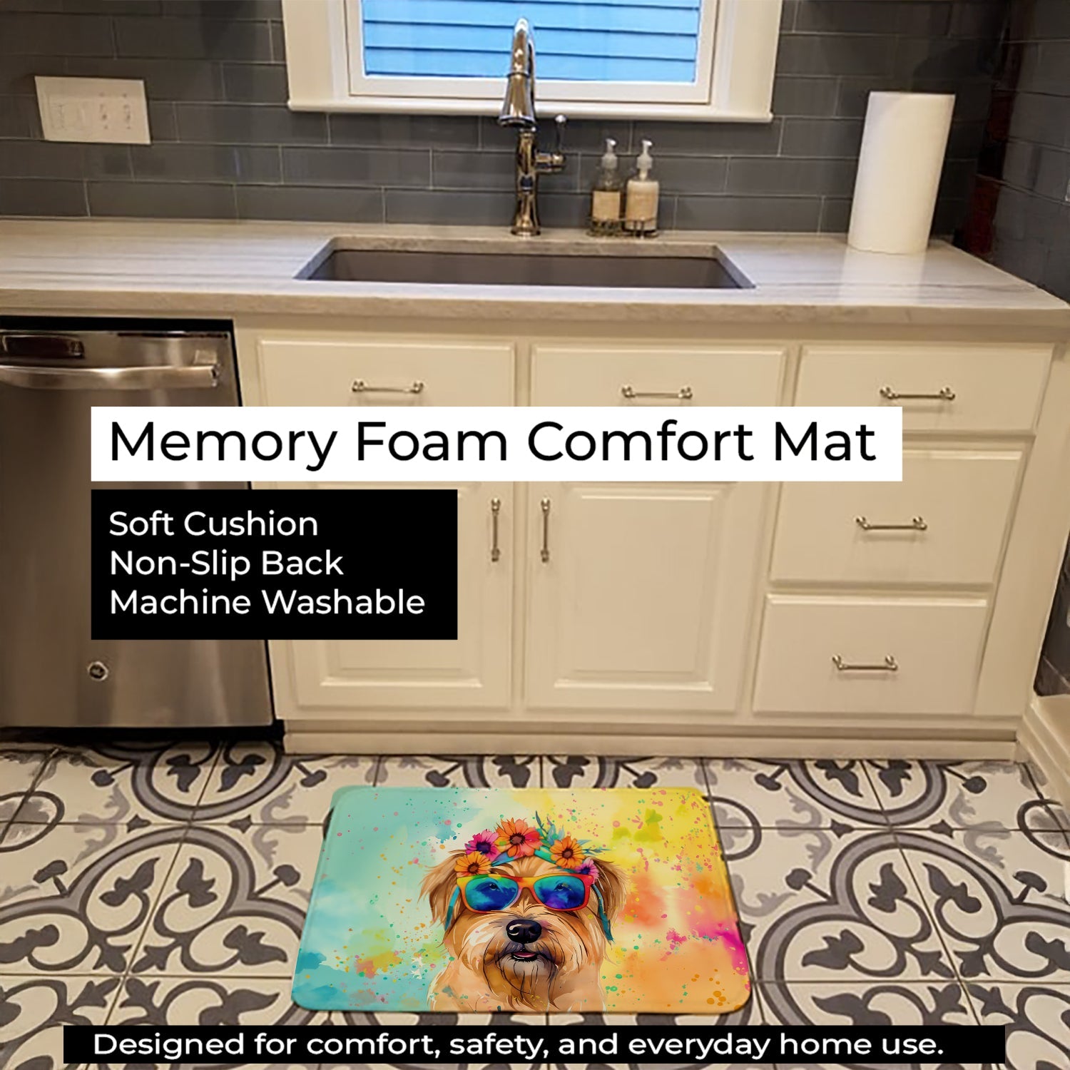 Cairn Terrier Hippie Dawg Memory Foam Kitchen Mat Machine Washable Anti-Fatigue Cushion Comfort Bath or Kitchen Rug