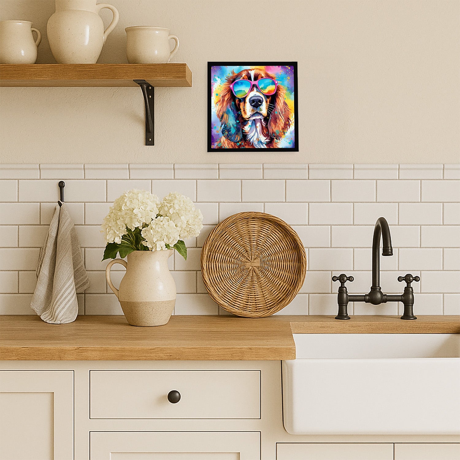 Cavalier Spaniel Hippie Dawg Framed Metal Print Bathroom, Kitchen, Office, Home Decor Wall Art Ready to Hang, Square, 8X8