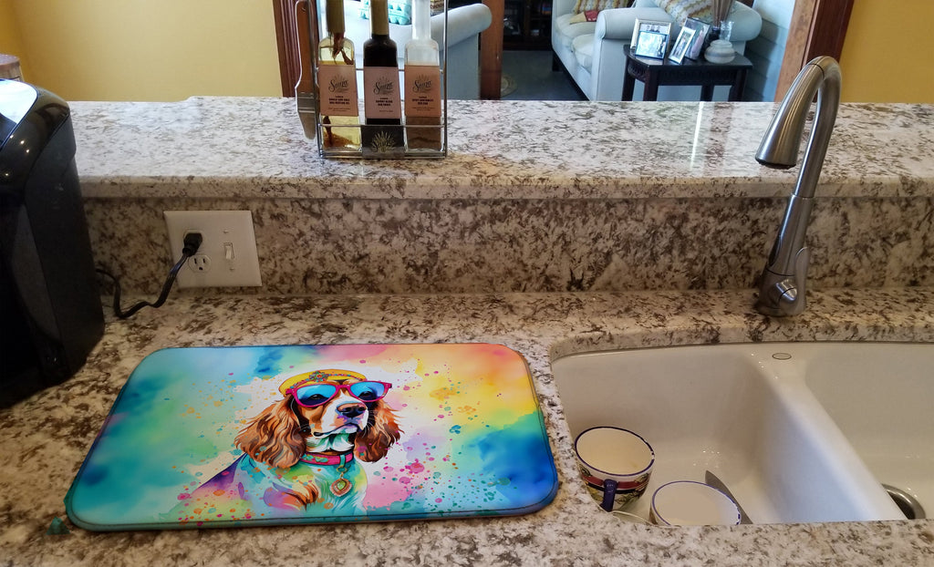 Cavalier Spaniel Hippie Dawg Dish Drying Mat Absorbent Dish Drying Mat Pad for Kitchen Counter Dish Drainer Mat for Countertop, 14 x 21", Multicolor