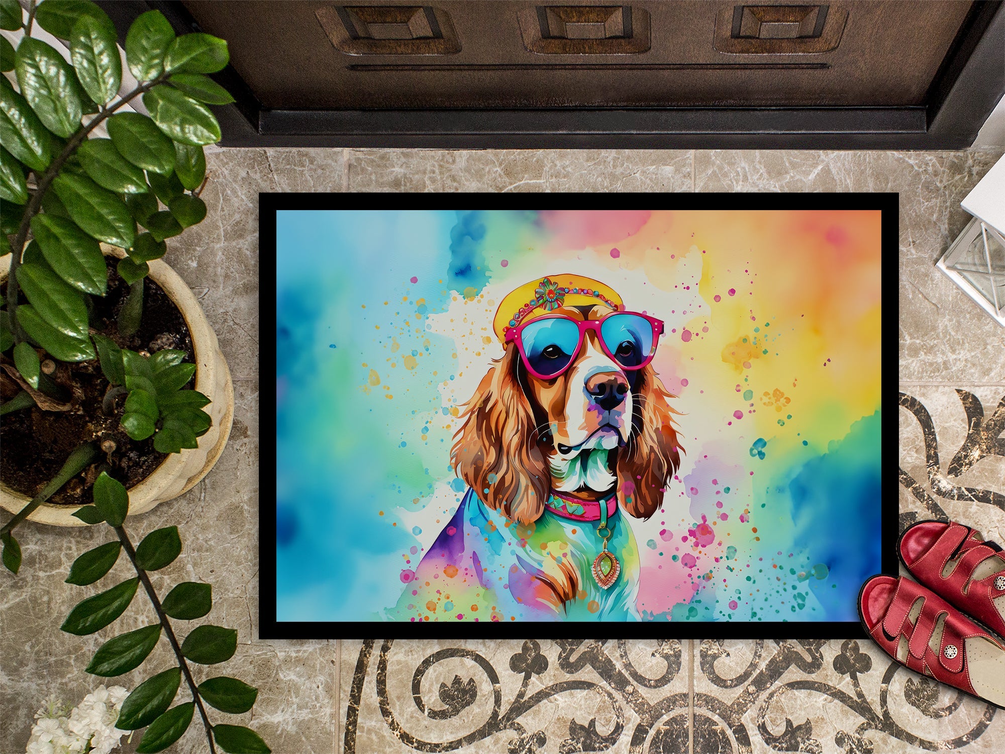 Cavalier Spaniel Hippie Dawg Doormat Indoor Outdoor 18H X 27W Front Door Mat Rugs for Entryway, Non Slip Washable