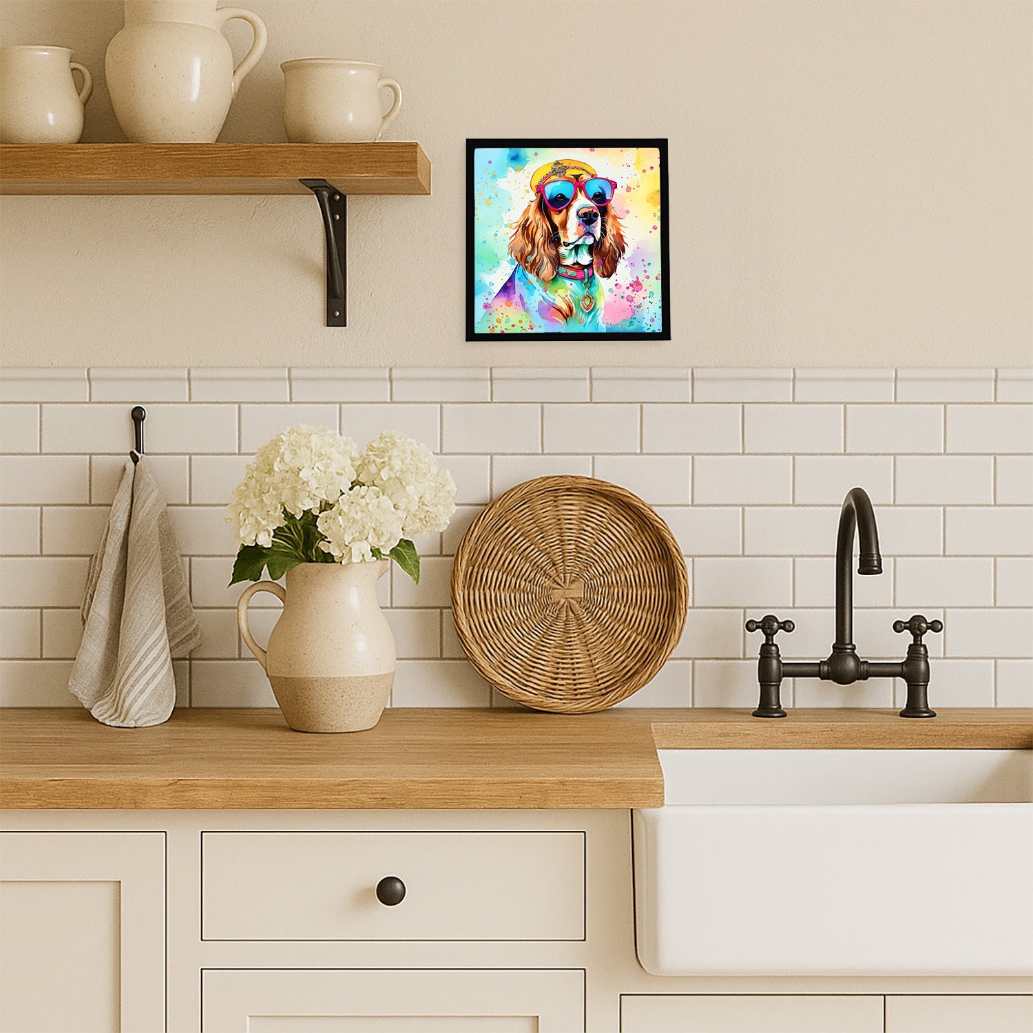 Cavalier Spaniel Hippie Dawg Framed Metal Print Bathroom, Kitchen, Office, Home Decor Wall Art Ready to Hang, Square, 8X8