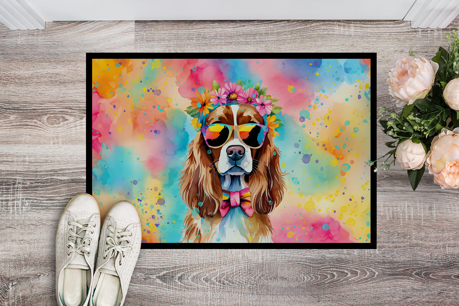 Cavalier Spaniel Hippie Dawg Doormat Indoor Outdoor 24H X 36W Front Door Mat Rugs for Entryway, Non Slip Washable Low Pile,