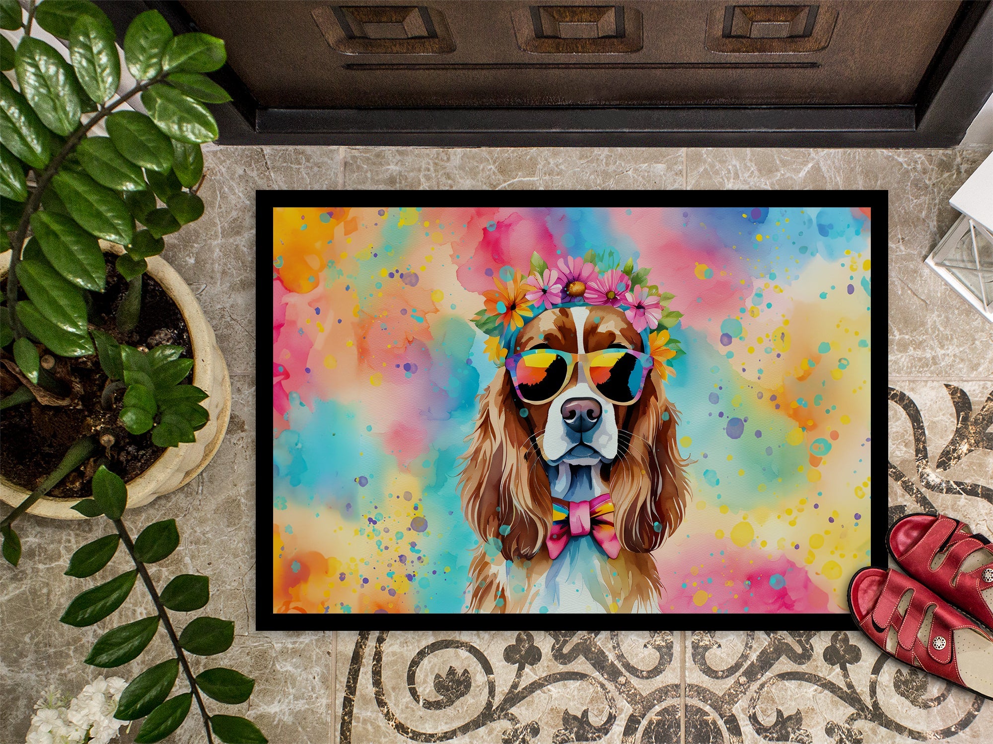 Cavalier Spaniel Hippie Dawg Doormat Indoor Outdoor 24H X 36W Front Door Mat Rugs for Entryway, Non Slip Washable Low Pile,