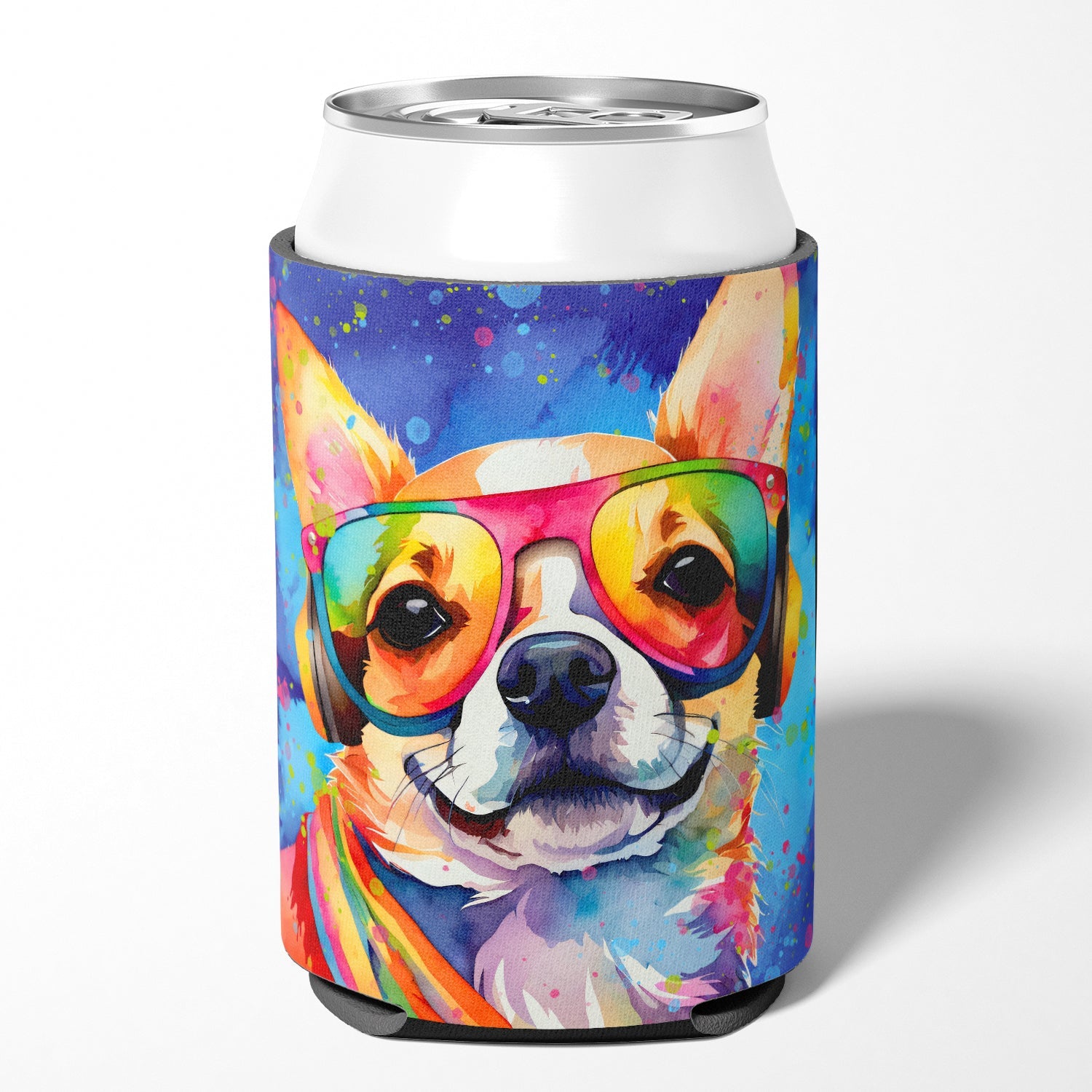 Chihuahua Hippie Dawg Can or Bottle Hugger Cooler Sleeve for Standard 12 oz Cans, Insulated Foam Beer & Soda Can Hugger Reusable