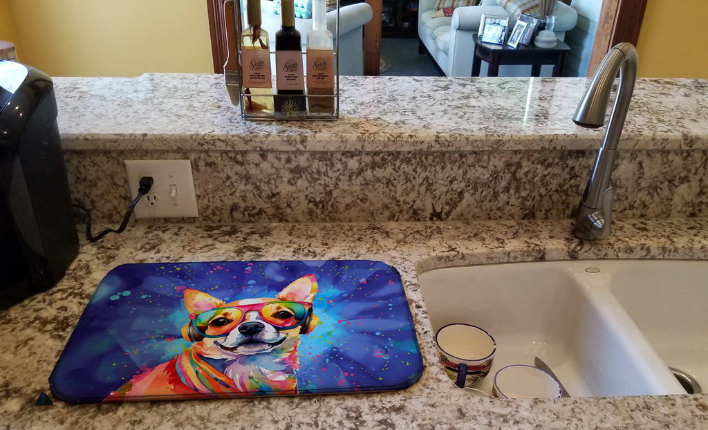 Chihuahua Hippie Dawg Dish Drying Mat Absorbent Dish Drying Mat Pad for Kitchen Counter Dish Drainer Mat for Countertop, 14 x 21", Multicolor