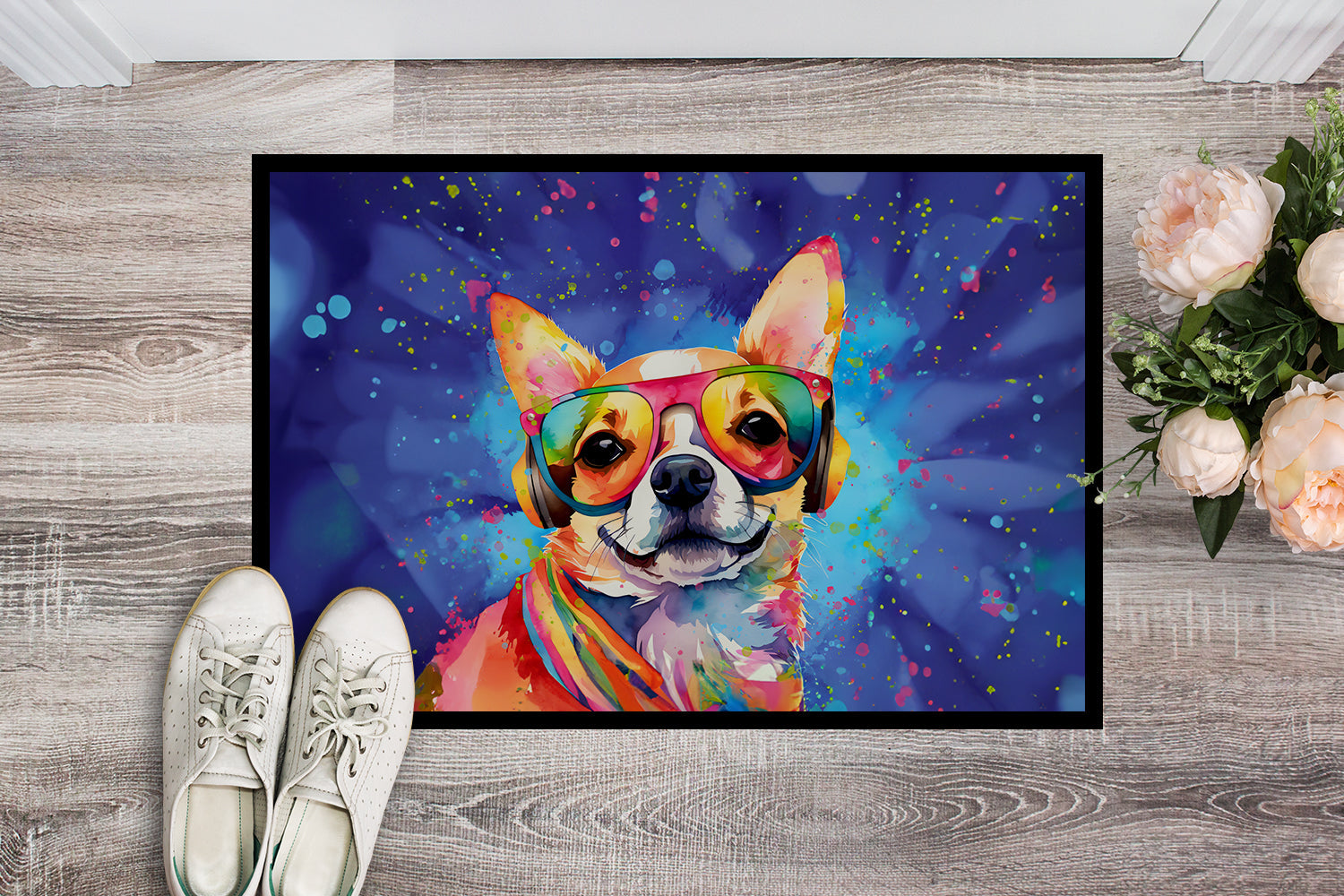 Chihuahua Hippie Dawg Doormat Indoor Outdoor 18H X 27W Front Door Mat Rugs for Entryway, Non Slip Washable