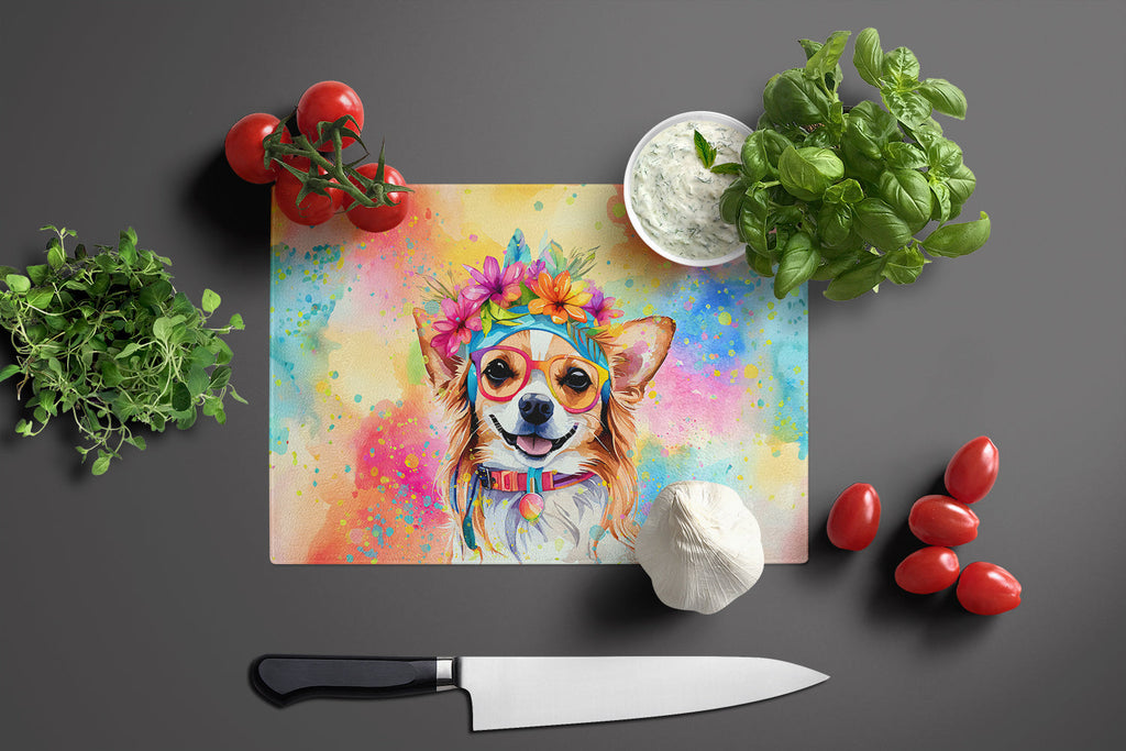 Chihuahua Hippie Dawg Cutting Board Tempered Glass Kitchen Cutting Surface, Heat Resistant Chopping, Non-Slip Feet, Food Prep & Serving