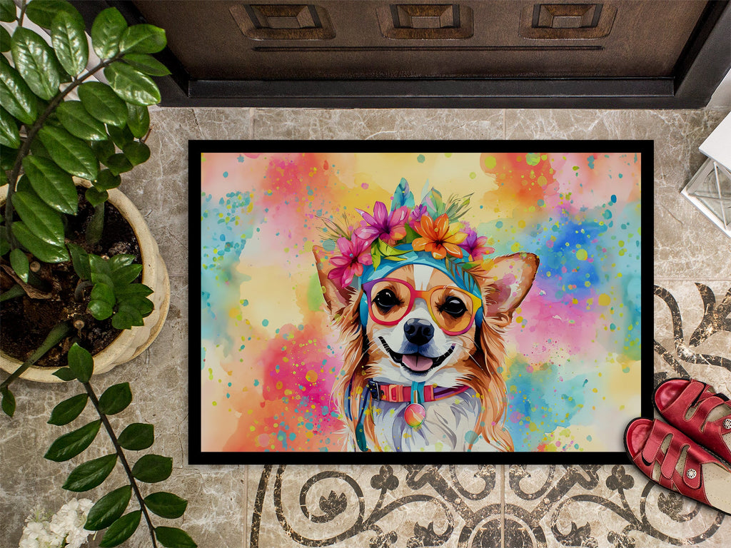 Chihuahua Hippie Dawg Doormat Indoor Outdoor 18H X 27W Front Door Mat Rugs for Entryway, Non Slip Washable