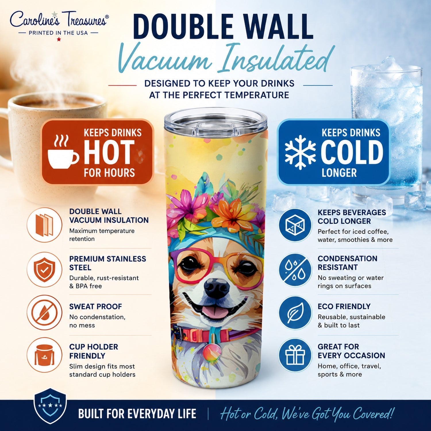 Chihuahua Hippie Dawg Stainless Steel Skinny Tumbler 20 oz Vacuum Double Walled Reusable Insulated Travel Cup