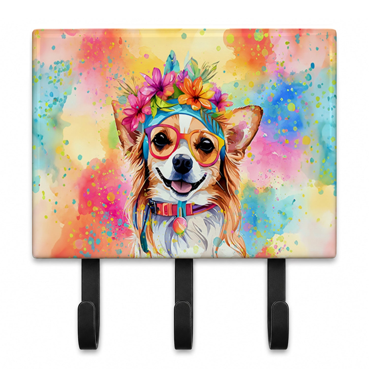 Chihuahua Hippie Dawg Leash or Key Holder Wall Hooks, Coat Rack Wall Mount, for Hanging Keys, Towels, Aprons, Leashes