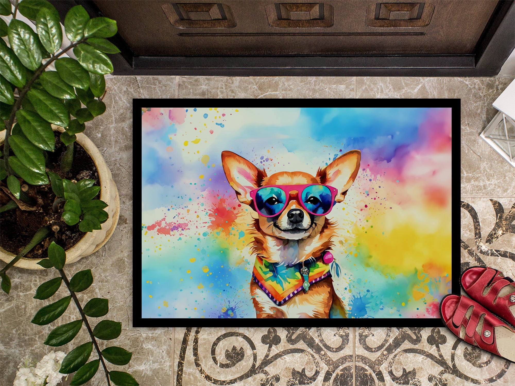 Chihuahua Hippie Dawg Doormat Indoor Outdoor 18H X 27W Front Door Mat Rugs for Entryway, Non Slip Washable