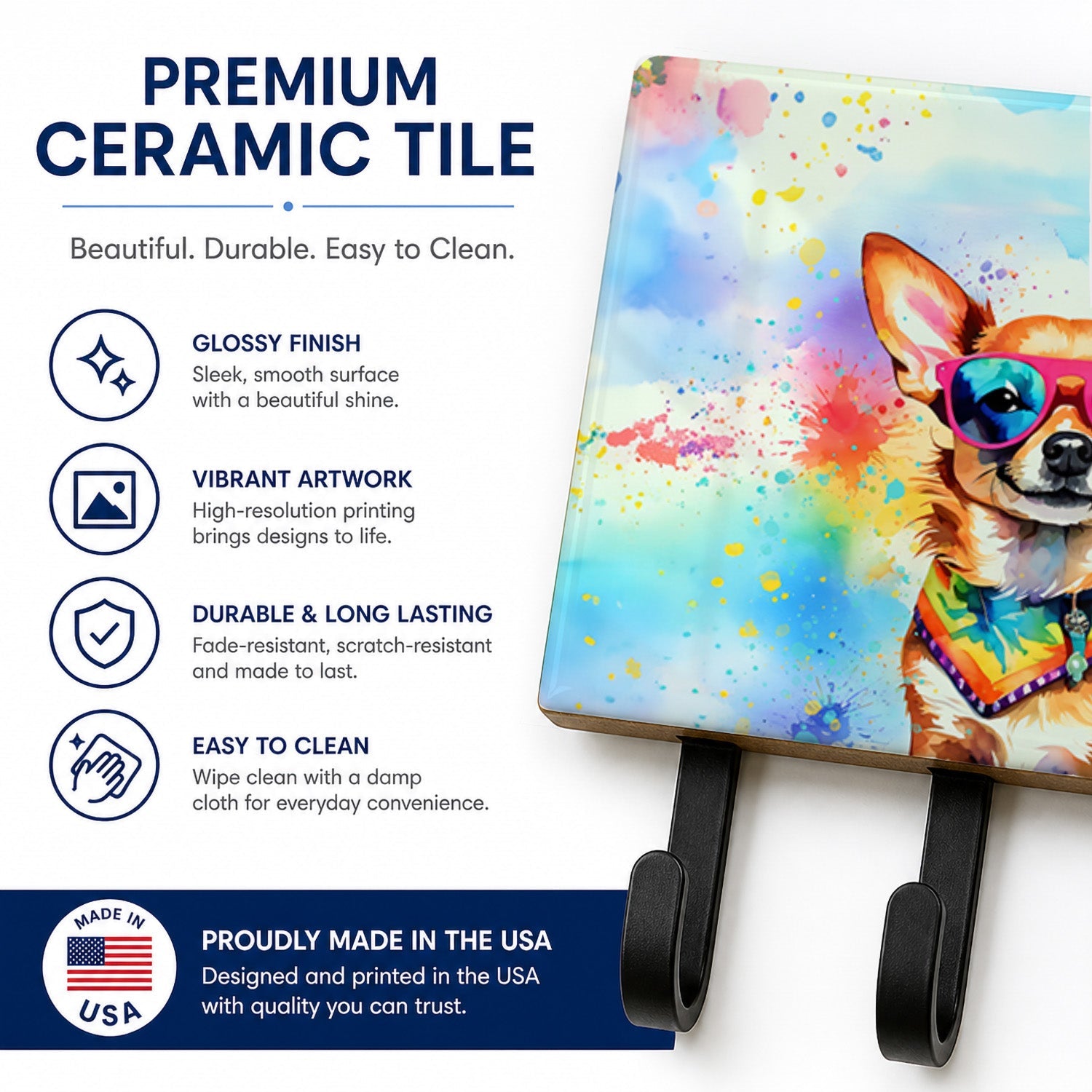 Chihuahua Hippie Dawg Leash or Key Holder Wall Hooks, Coat Rack Wall Mount, for Hanging Keys, Towels, Aprons, Leashes