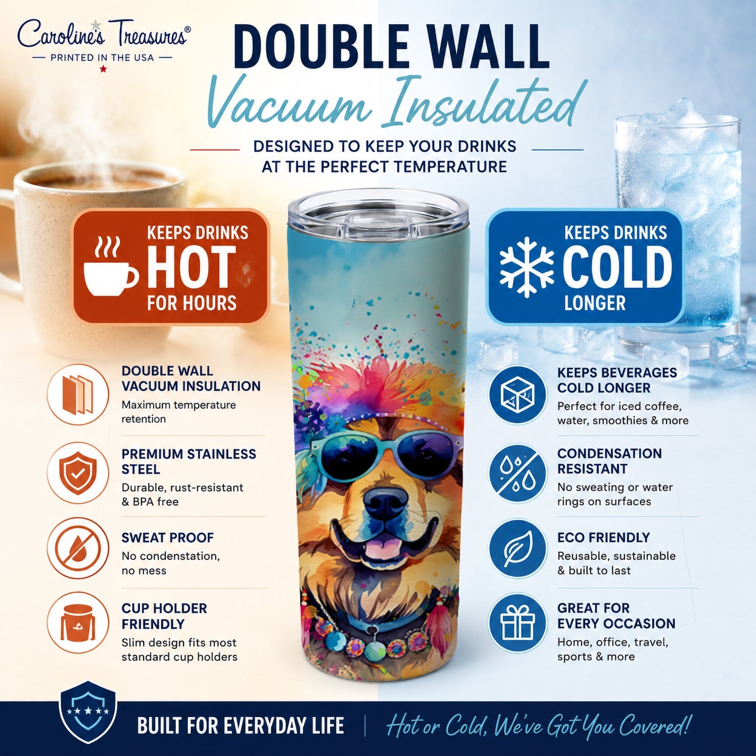 Chow Chow Hippie Dawg Stainless Steel Skinny Tumbler 20 oz Vacuum Double Walled Reusable Insulated Travel Cup