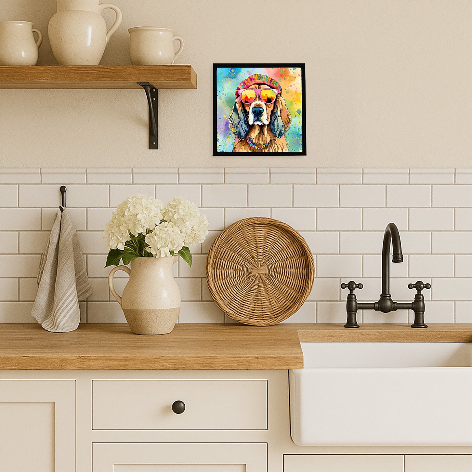 Cocker Spaniel Hippie Dawg Framed Metal Print Bathroom, Kitchen, Office, Home Decor Wall Art Ready to Hang, Square, 8X8