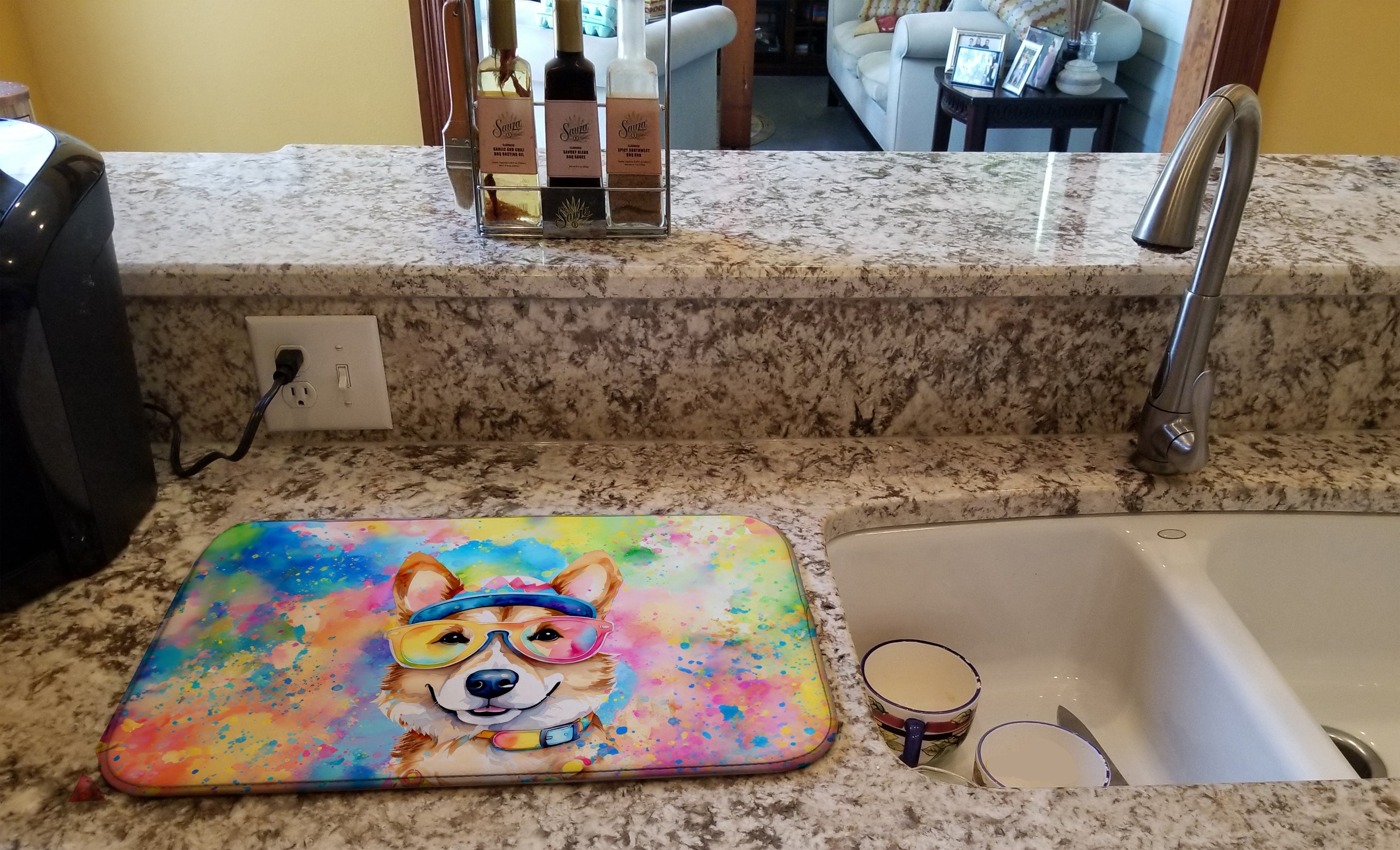 Corgi Hippie Dawg Dish Drying Mat Absorbent Dish Drying Mat Pad for Kitchen Counter Dish Drainer Mat for Countertop, 14 x 21", Multicolor