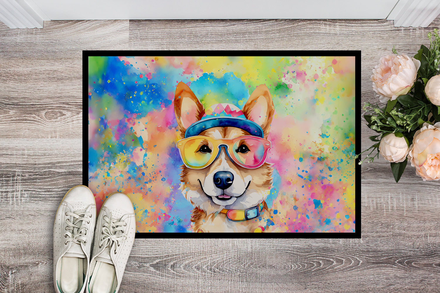 Corgi Hippie Dawg Doormat Indoor Outdoor 24H X 36W Front Door Mat Rugs for Entryway, Non Slip Washable Low Pile,