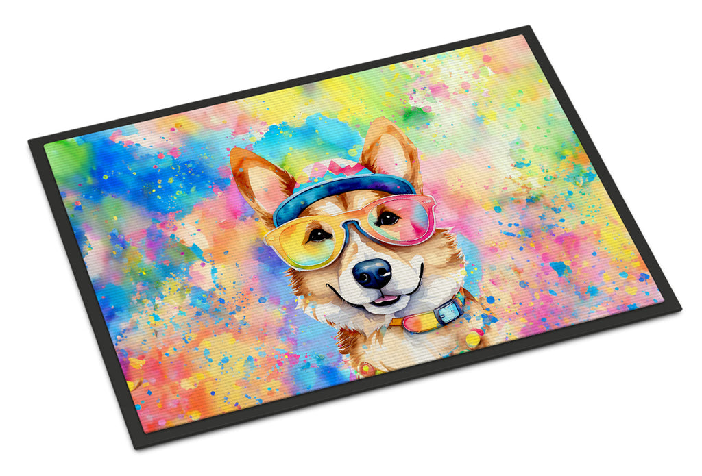Corgi Hippie Dawg Doormat Indoor Outdoor 18H X 27W Front Door Mat Rugs for Entryway, Non Slip Washable
