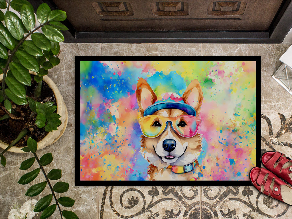 Corgi Hippie Dawg Doormat Indoor Outdoor 18H X 27W Front Door Mat Rugs for Entryway, Non Slip Washable
