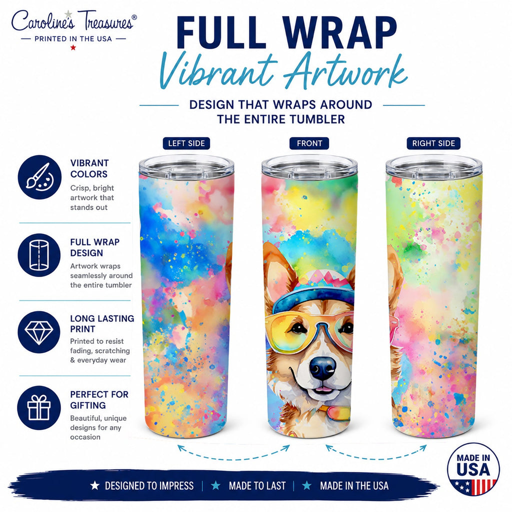 Corgi Hippie Dawg Stainless Steel Skinny Tumbler 20 oz Vacuum Double Walled Reusable Insulated Travel Cup