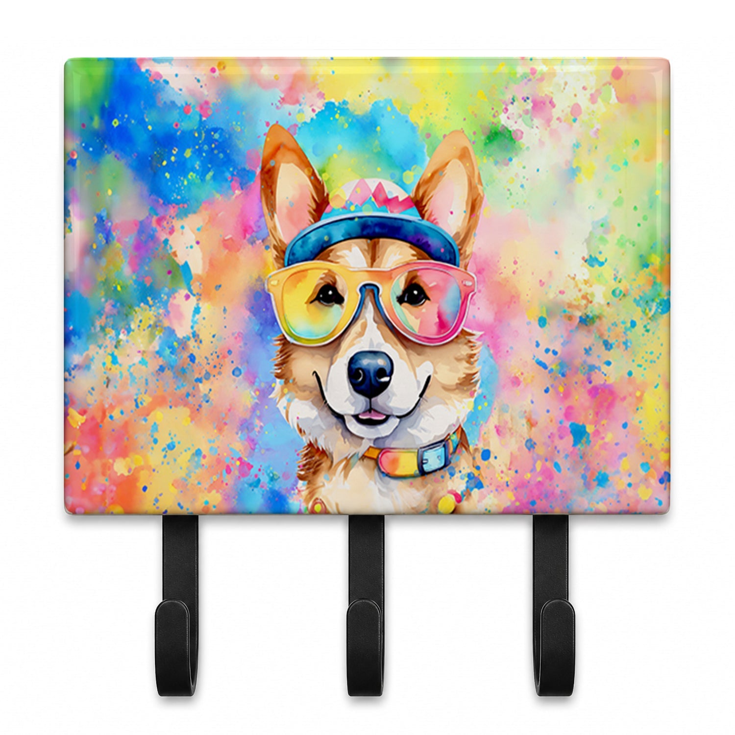 Corgi Hippie Dawg Leash or Key Holder Wall Hooks, Coat Rack Wall Mount, for Hanging Keys, Towels, Aprons, Leashes