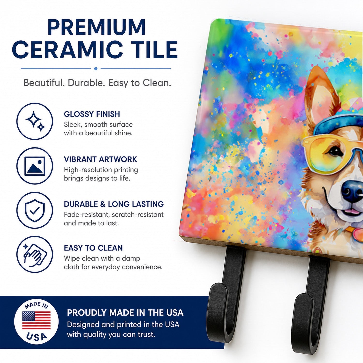 Corgi Hippie Dawg Leash or Key Holder Wall Hooks, Coat Rack Wall Mount, for Hanging Keys, Towels, Aprons, Leashes