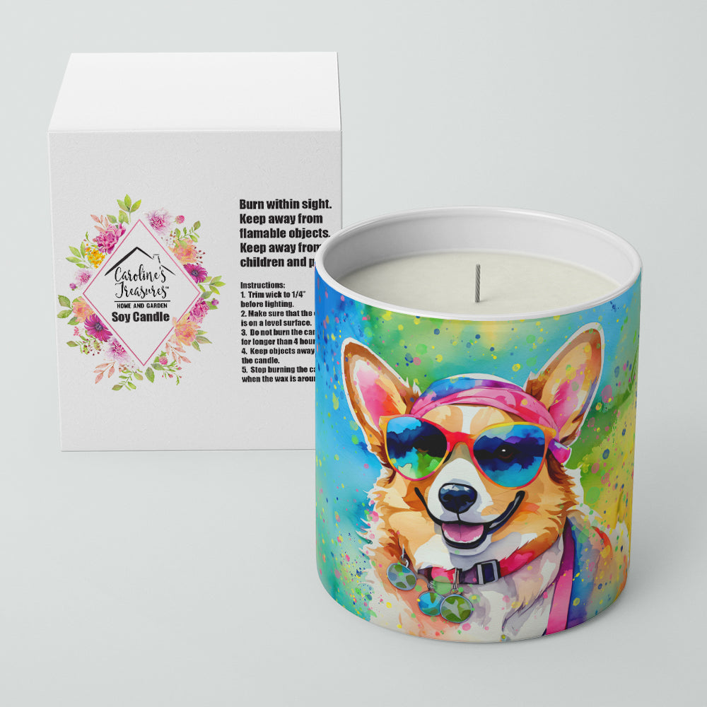 Corgi Hippie Dawg Decorative Soy Candle Nature Soy Wax Essential Oil Home Decor Ideal for Bedroom Kitchen Bath Office Gift, 10 oz