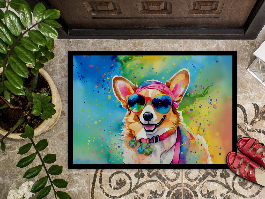 Corgi Hippie Dawg Doormat Indoor Outdoor 18H X 27W Front Door Mat Rugs for Entryway, Non Slip Washable