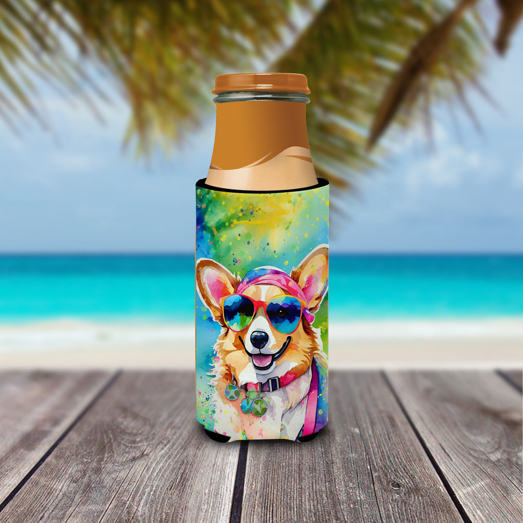 Corgi Hippie Dawg Slim Can Hugger , Insulated Foam Hugger for 12 oz Slim Cans, Beer Bottles & Water Bottles, Printed in USA