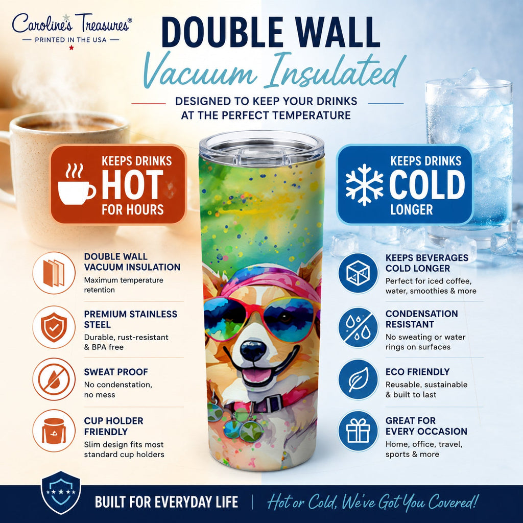Corgi Hippie Dawg Stainless Steel Skinny Tumbler 20 oz Vacuum Double Walled Reusable Insulated Travel Cup