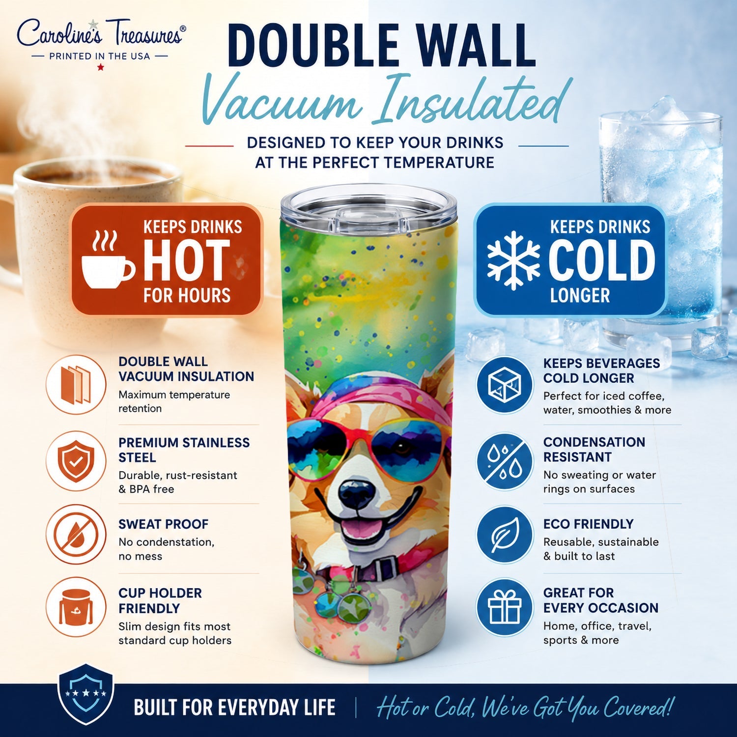Corgi Hippie Dawg Stainless Steel Skinny Tumbler 20 oz Vacuum Double Walled Reusable Insulated Travel Cup